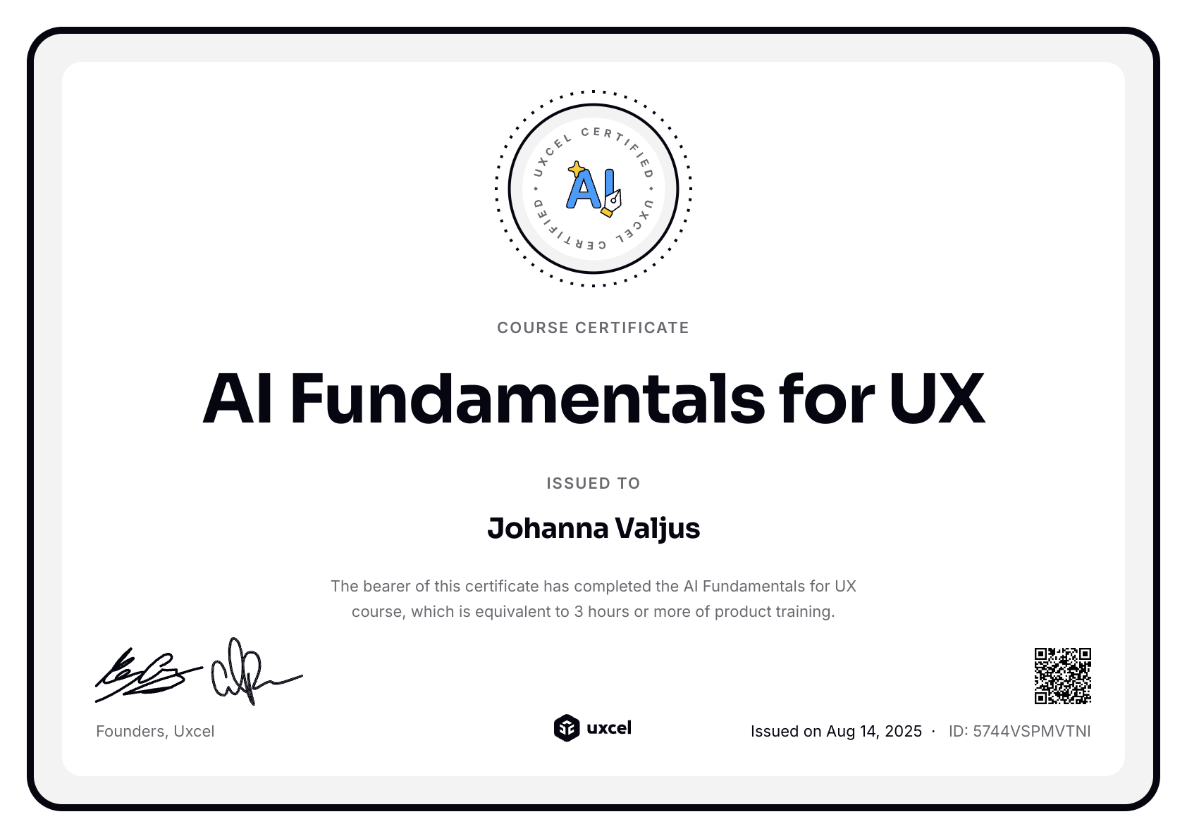 Johanna Valjus's certificate